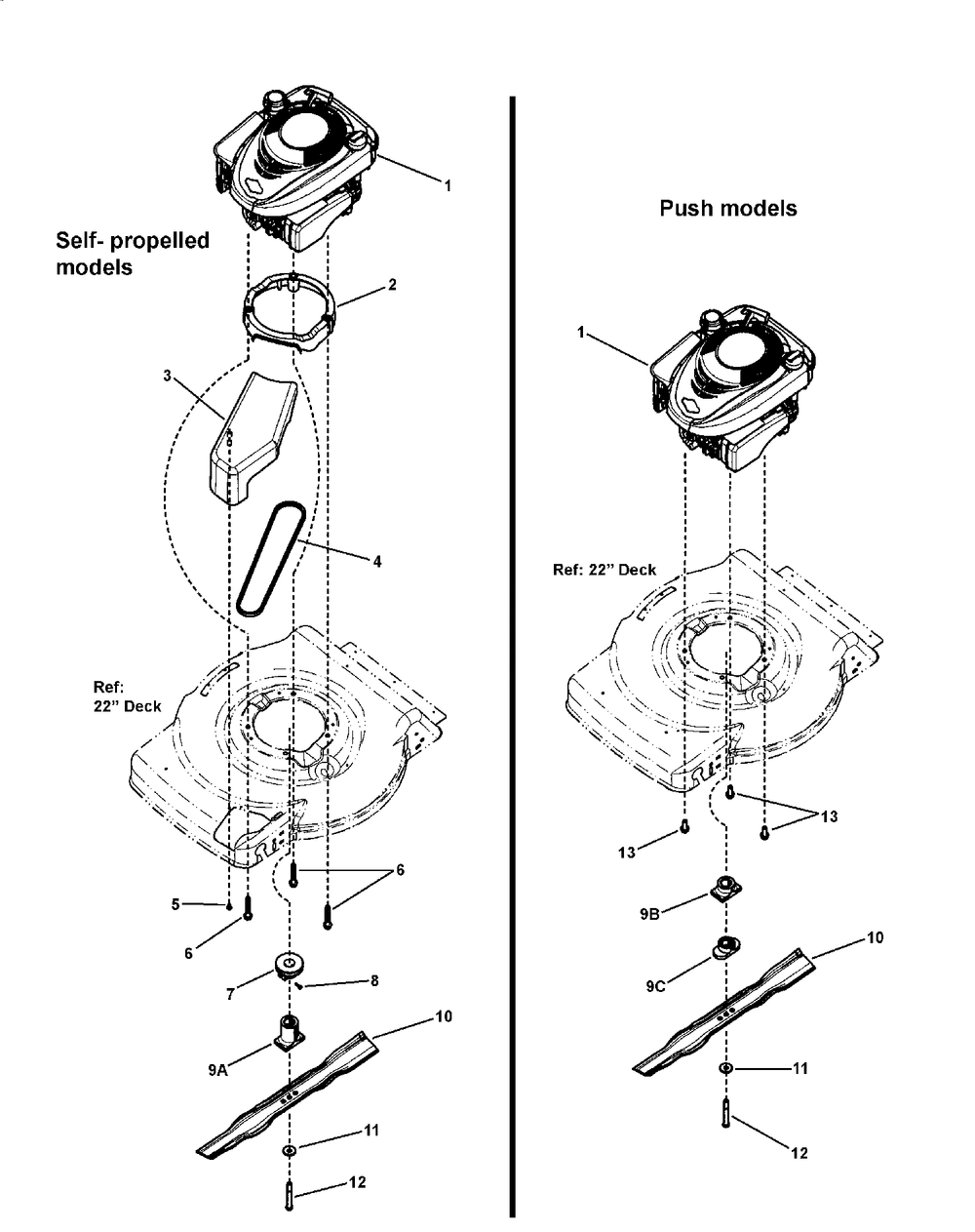 Engine, Blade And Front Cover Diagram and Parts List for 7800455-MP2265 2010 Briggs and Stratton Lawn Mower